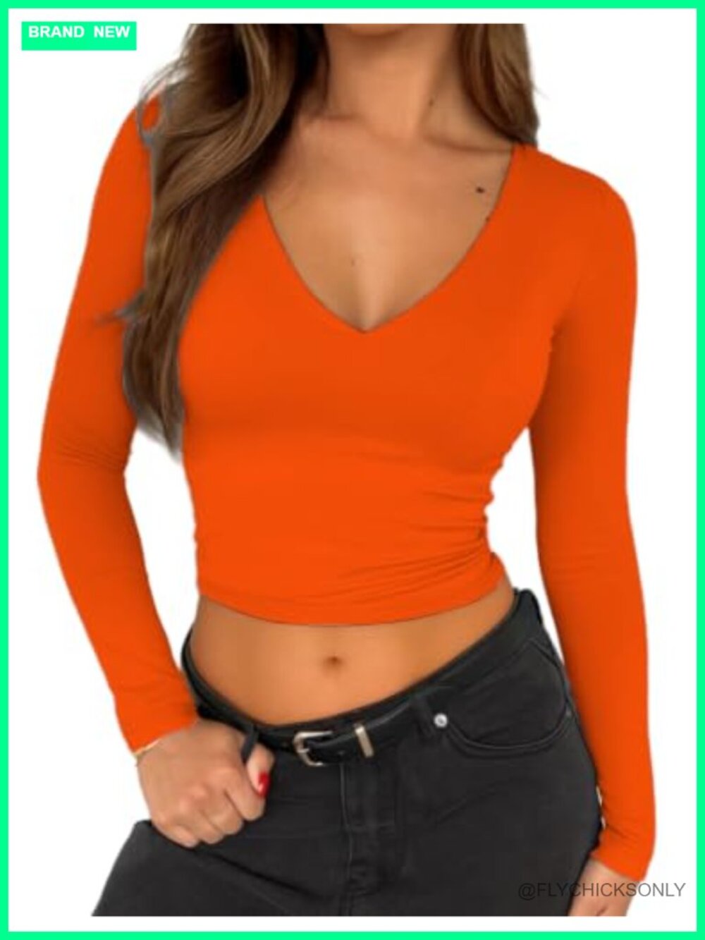 Long Sleeve V Neck Crop Top Slim Fitted Double Lined Basic Tee
